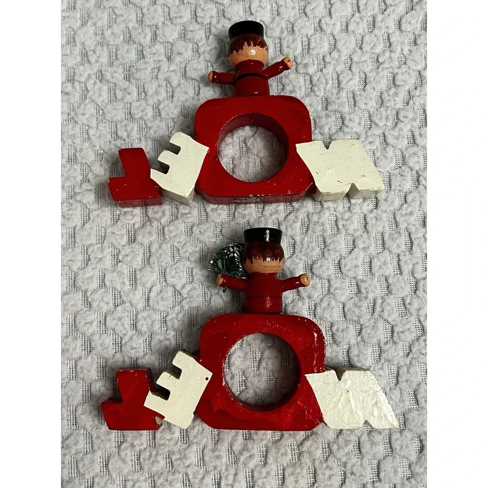 Vtg‎ Vera Neumann Napkin Rings Wood Christmas Holiday Hand Painted Tablescape